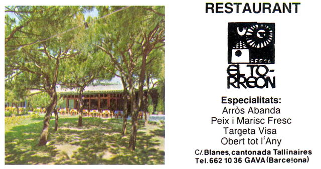 Tarjeta del restaurante EL TORREON de Gavà Mar (1986)